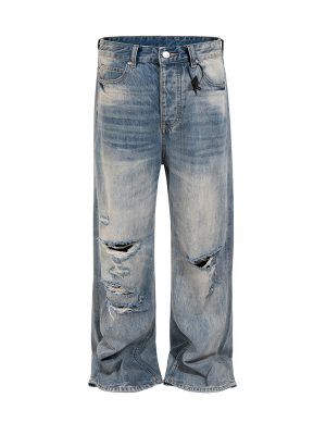 ZJ140 Men's 14.6 OZ Grunge 90s Vintage Ripped Straight Jeans