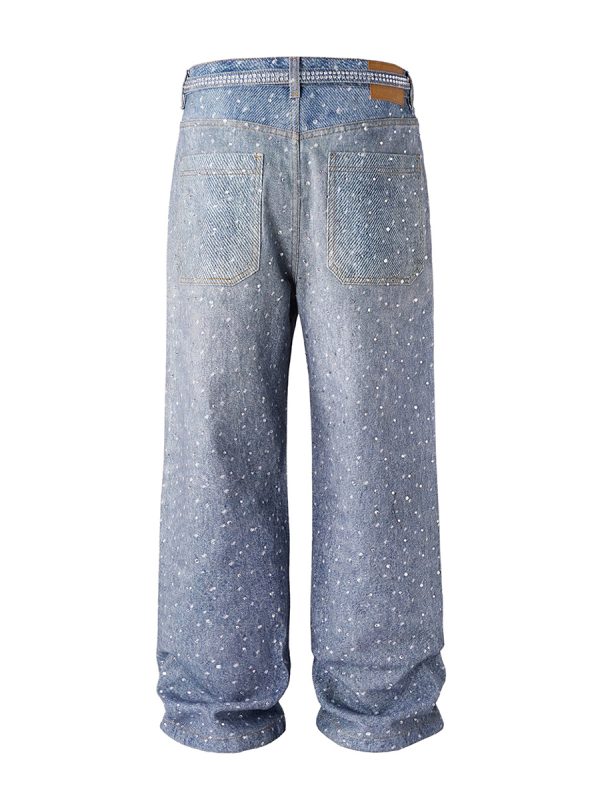 Q166 Men's 3D Digital Printing Rhinestone Loose Straight Jeans