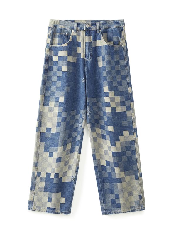 1788835616340883.jpg 3752 Men's 10.4 OZ 100% Cotton Baggy Checkered Jacquard Denim Jeans
