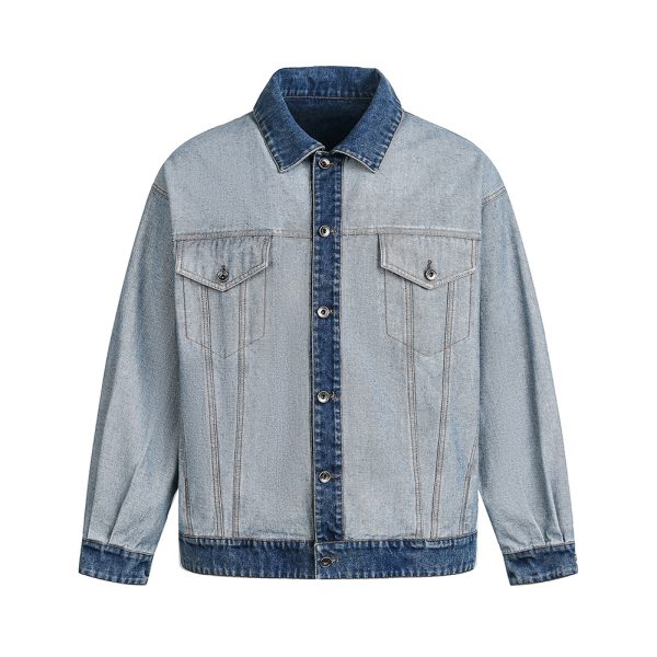W310 Men's 14.8 OZ Reverse Inside Out Denim Contrast Dark Blue Collar Cuff Hem Trucker Jackets