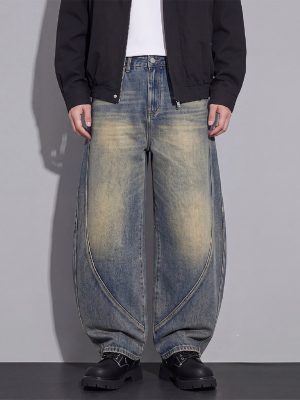 PB004 Men's 12.8 OZ Banana Curved‑leg Cut Vintage Faded Jeans
