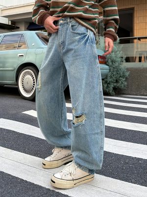 9205 Men's Curved‑leg Back‑half Elastic Waistband Ripped Jeans