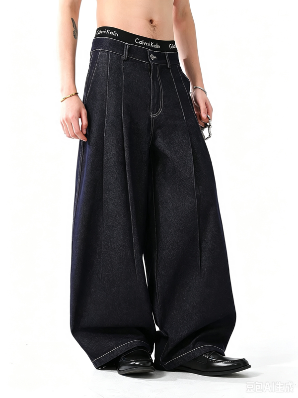 1790131473443350.png 3066 Men's 10.8 OZ Baggy Raw Dark Indigo Denim Pleated Balloon Jeans