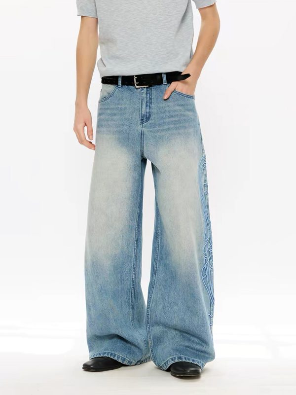 EMBD002 Men's 15 OZ 3D Raised Cord Embroidery Wide Leg Jeans