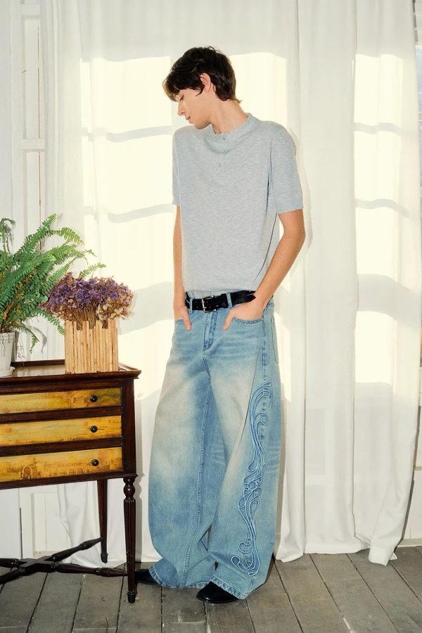 EMBD002 Men's 15 OZ 3D Raised Cord Embroidery Wide Leg Jeans