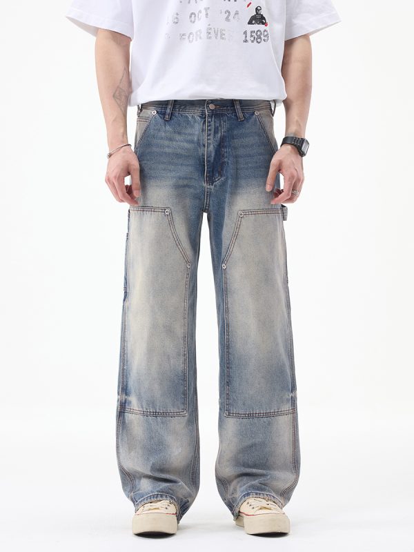 1790152725415481.jpg JK9683-1 Men's 14.8 OZ Cargo Raw Hem Loose Straight Carpenter Jeans