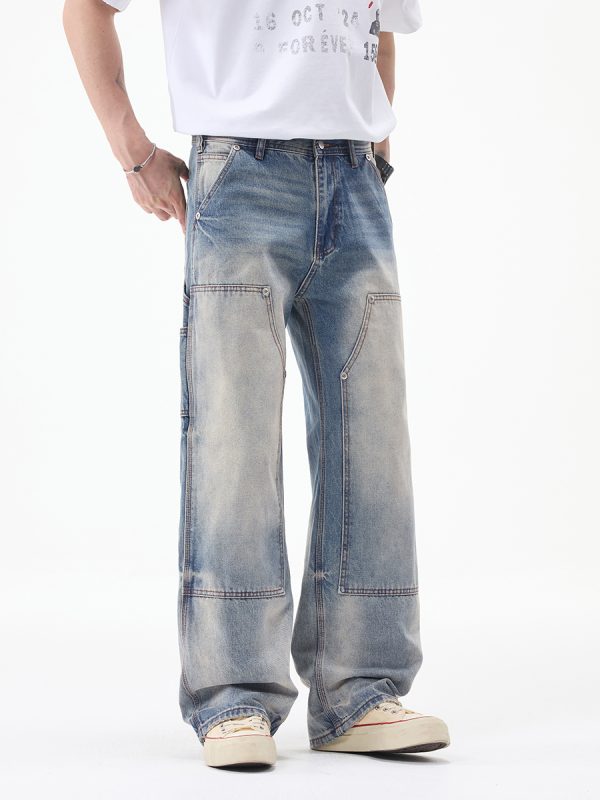 1790152728154497.jpg JK9683-1 Men's 14.8 OZ Cargo Raw Hem Loose Straight Carpenter Jeans