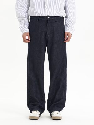 DK3057  Men's 12 OZ Dark Blue Black Raw Denim Relaxed Straight Jeans