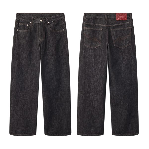 DK3070  Men's 13.6 OZ Black Raw Denim Loose Straight Jeans