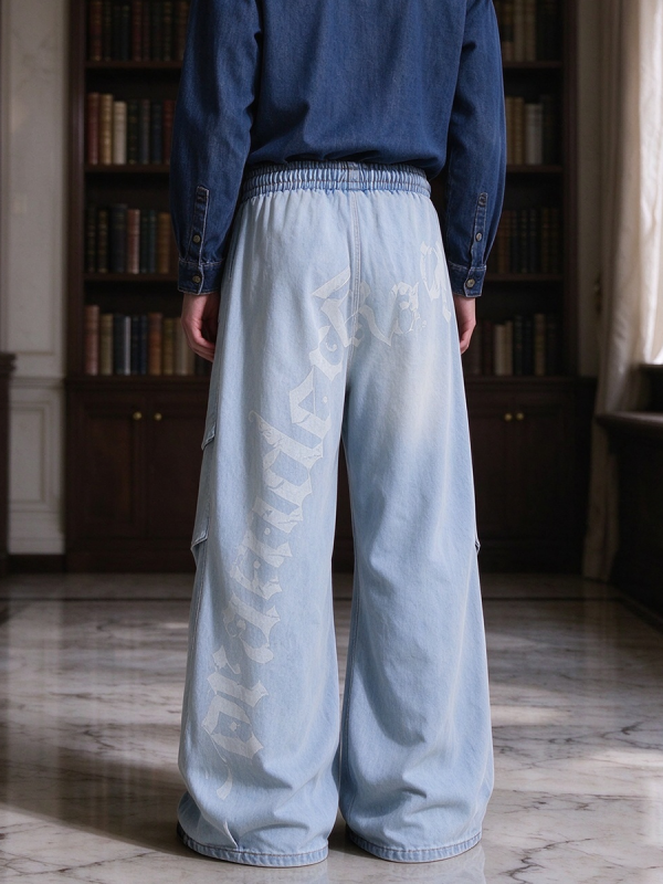 E6697  Men's Laser Etching Elastic Waist Baggy Parachute Denim Jeans