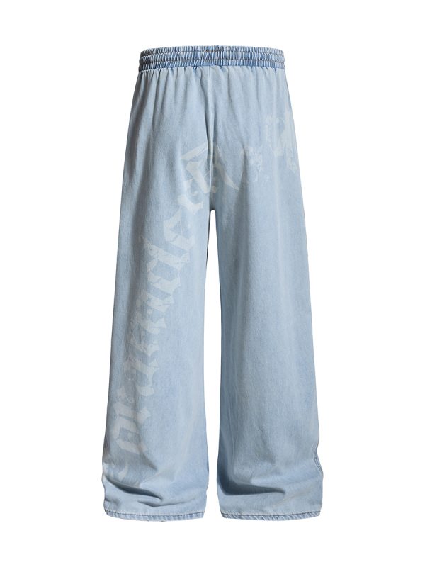 E6697  Men's Laser Etching Elastic Waist Baggy Parachute Denim Jeans