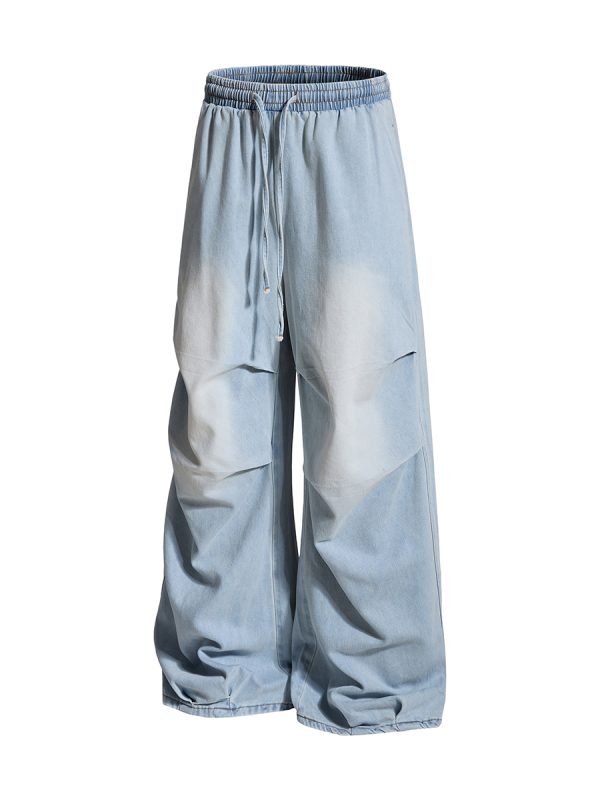 E6697  Men's Laser Etching Elastic Waist Baggy Parachute Denim Jeans