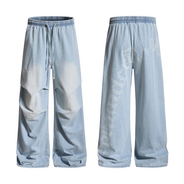 E6697  Men's Laser Etching Elastic Waist Baggy Parachute Denim Jeans
