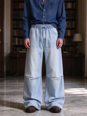 E6697  Men's Laser Etching Elastic Waist Baggy Parachute Denim Jeans