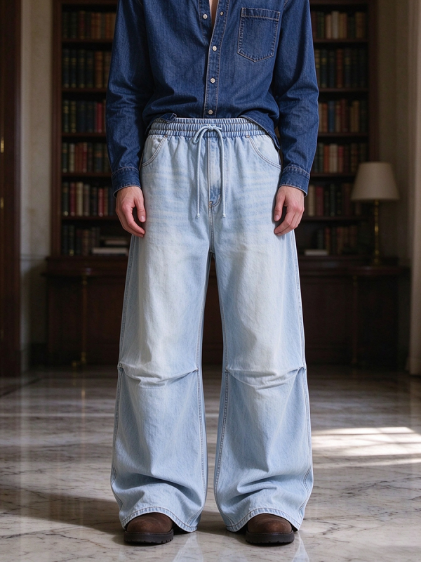 E6697  Men's Laser Etching Elastic Waist Baggy Parachute Denim Jeans