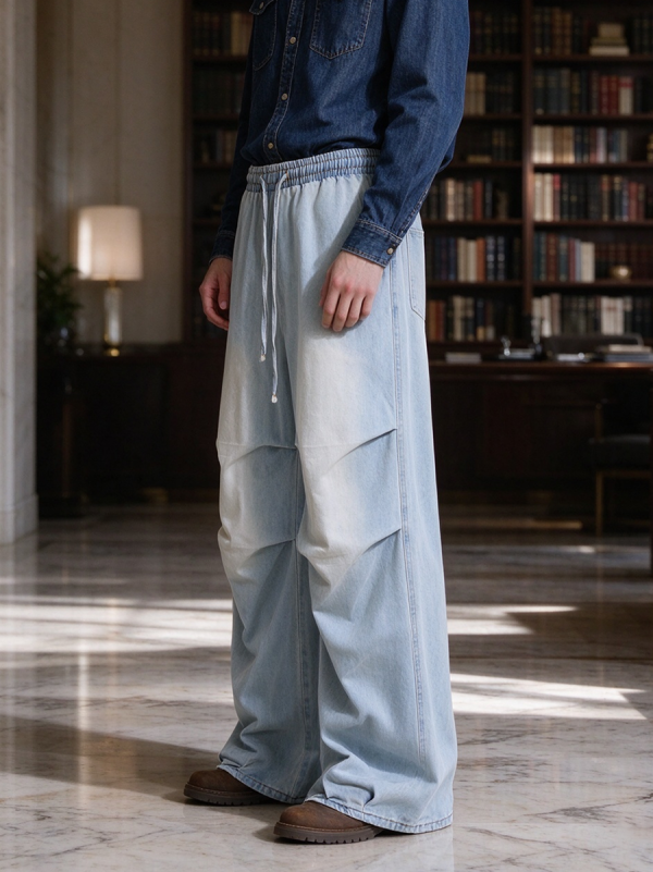 E6697  Men's Laser Etching Elastic Waist Baggy Parachute Denim Jeans